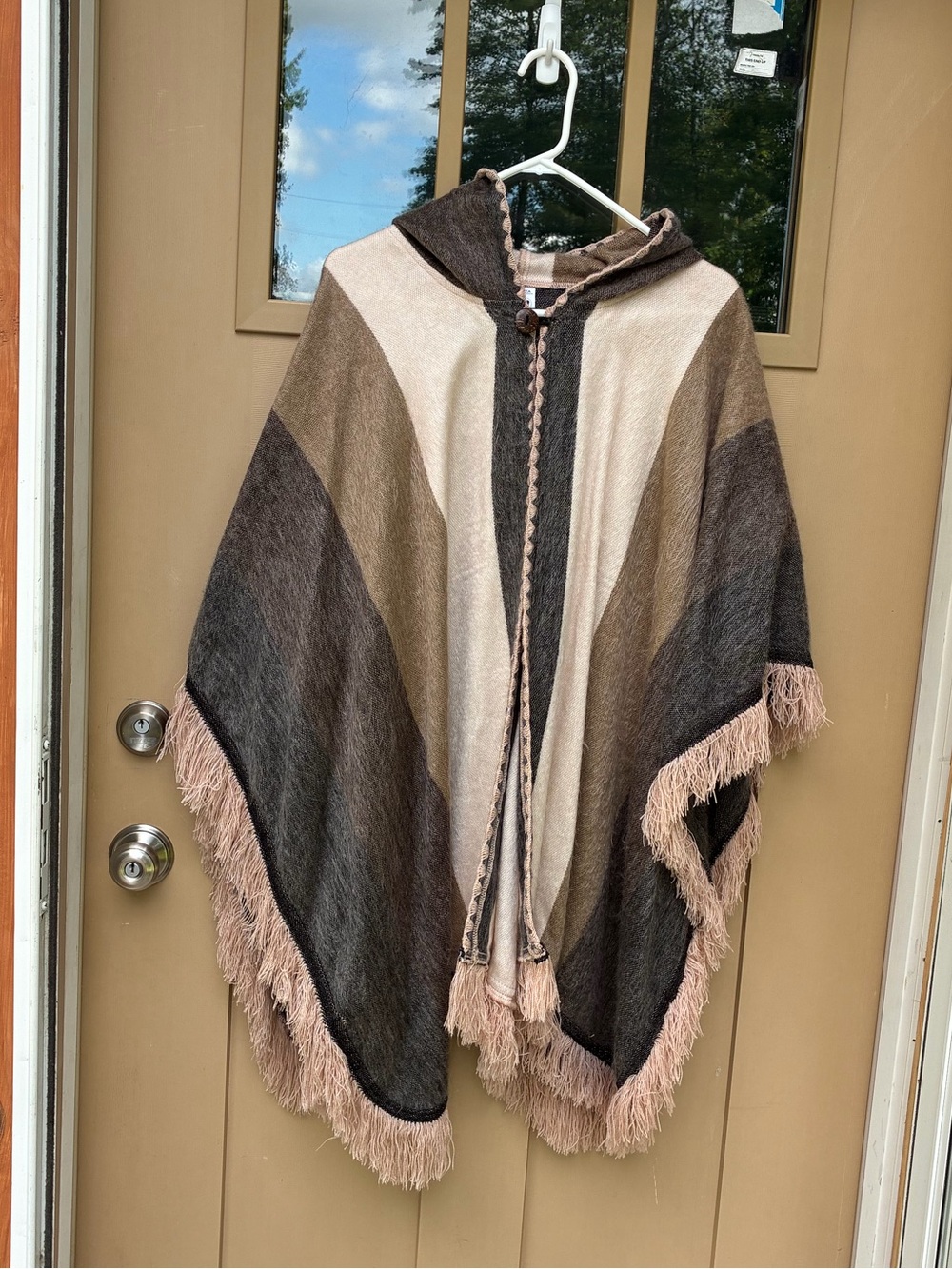 Alpaca Poncho in Neutral Taupe & Brown Hooded Fringe Women's One Size